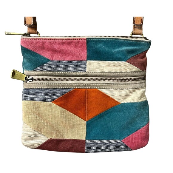 Vintage Fossil Canvas & Leather Patchwork Crossbody Handbag   BTS Hippie Boho - Picture 4 of 13